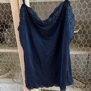 Navy Blue Lace Trim Cami Top Silky L